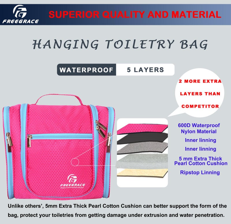 Freegrace Hanging Toiletry Bag Extra Large Capacity | Premium Travel Organizer Bags For Men And Women | Durable Waterproof Nylon Bathroom, Shower, Makeup Bag For Toiletries, Cosmetics, Brushes, Shampoo (Pink) - Image 2